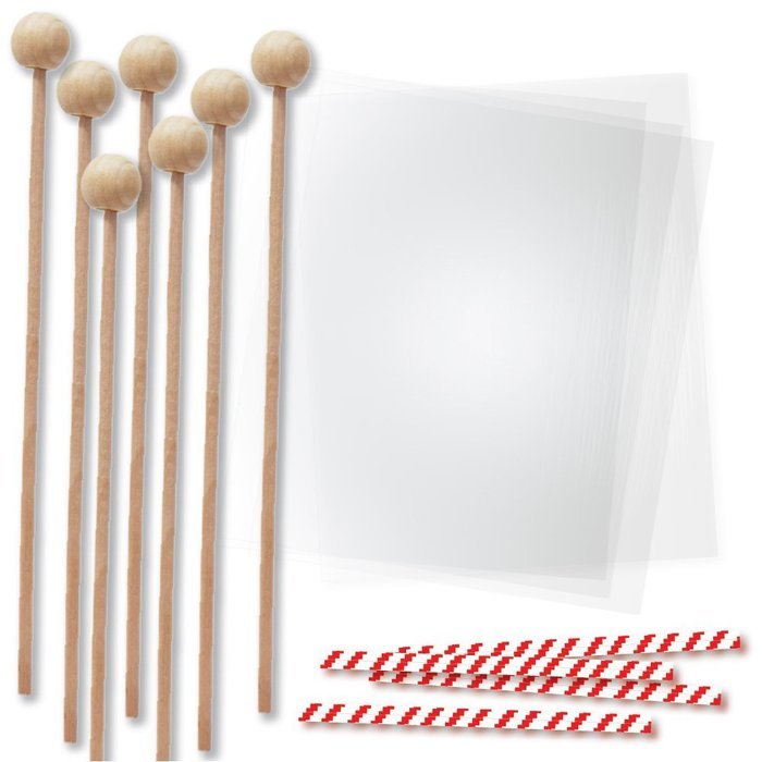 Wood Lollipop Sticks 6 Inch, 4 x 6 Crystal Clear Bags, Red Twist Ties, for Cake Pops, Candy Making, Confetti Couture...