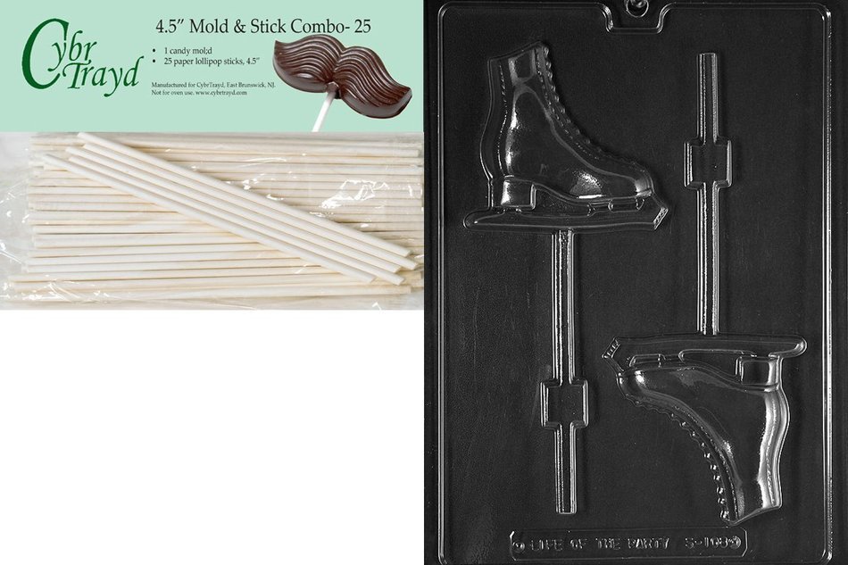Cybrtrayd 45St25-S108 Ice Skate Lolly Sports Chocolate Candy Mold with 25 Cybrtrayd 4.5-Inch Lollipop Sticks