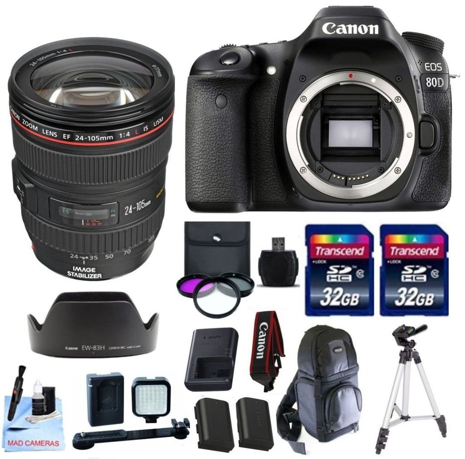 Canon EOS 80D + Canon EF 24-105 f/4 L IS USM (Glass Element) Lens + 2 32GB Transcend SD Memory Cards + Spare LP...