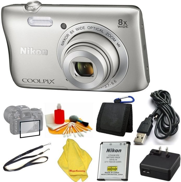 Nikon COOLPIX S3700 Digital Camera with 8x Optical Zoom and Built-In Wi-Fi (Silver)+ 6pc Starter Set