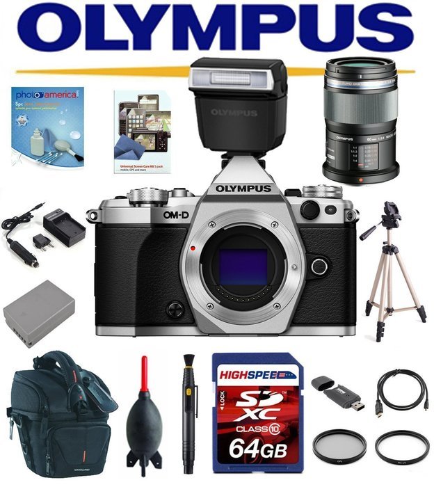 Olympus OM-D E-M5 Mark II W/ Olympus FL-LM3 Flash, Olympus MSC ED M. 60mm f/2.8 Lens, 64GB Deluxe Kit OMD EM5... N3