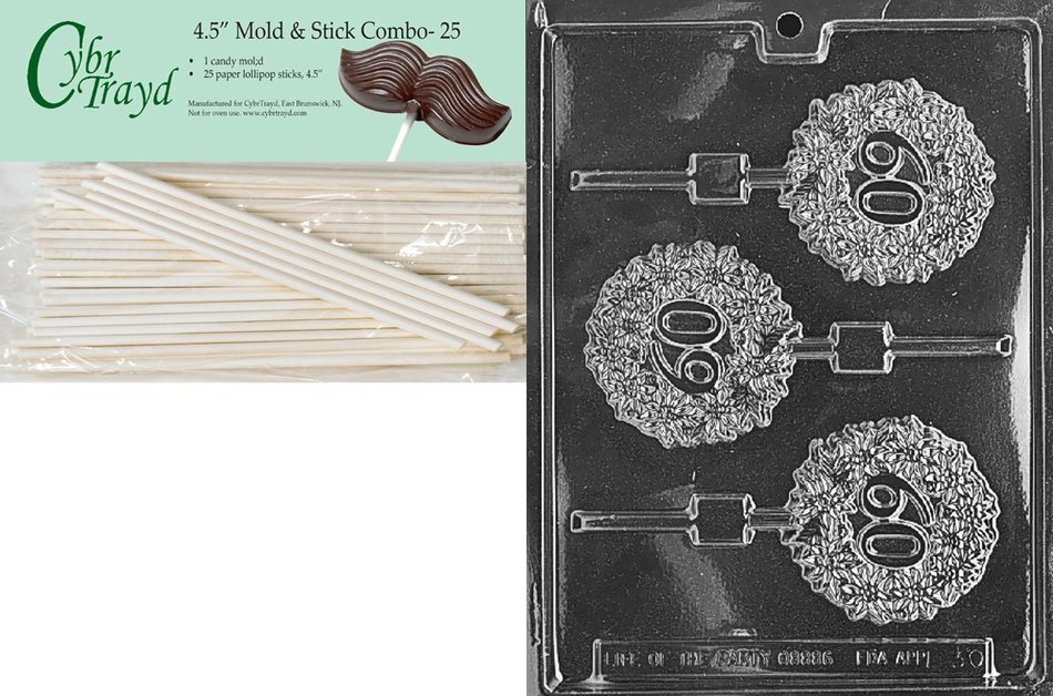Cybrtrayd 45St25-L030 60 Lolly Letters and Numbers Chocolate Candy Mold with 25-Pack 4.5-Inch Lollipop Sticks