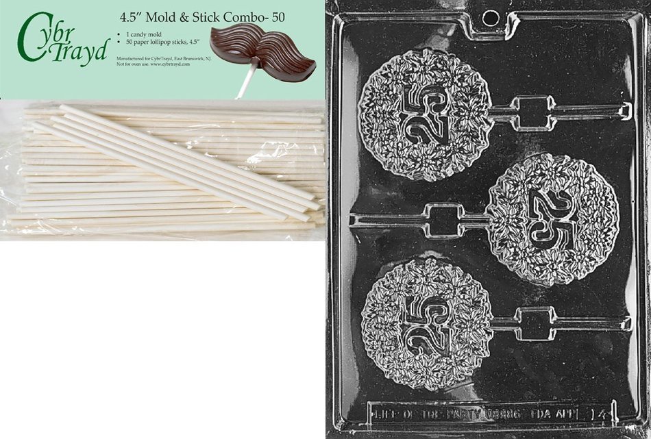 Cybrtrayd 45St50-L014 25th Lolly Letters and Numbers Chocolate Candy Mold with 50-Pack 4.5-Inch Lollipop Sticks
