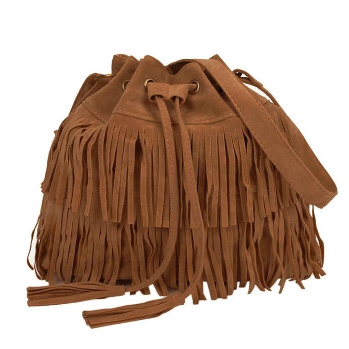 Creazy Women Messenger Women Fashion Casual Tassel Solid Bags Drawstring Should (Brown) N9