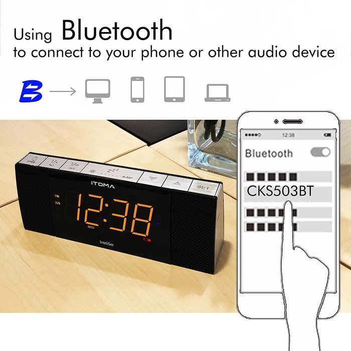 iTOMA Alarm Clock with Digital FM Radio, Bluetooth, Auto-Time Setting, Dual Alarm with Snooze and Sleep Timer,... N3