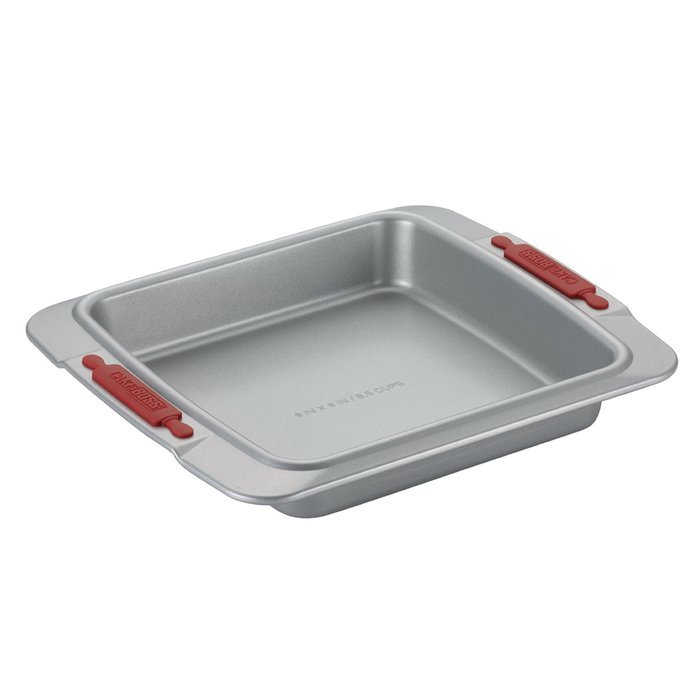 Cake Boss Deluxe Nonstick Bakeware 9-Inch Square Cake Pan, Gray with Red Silicone Grips N5