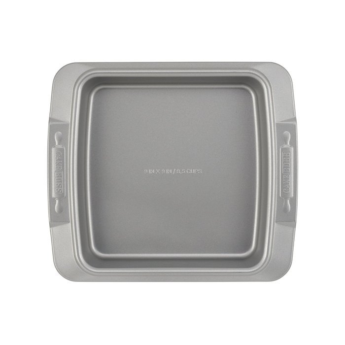 Cake Boss Deluxe Nonstick Bakeware 9-Inch Square Cake Pan, Gray with Red Silicone Grips N6