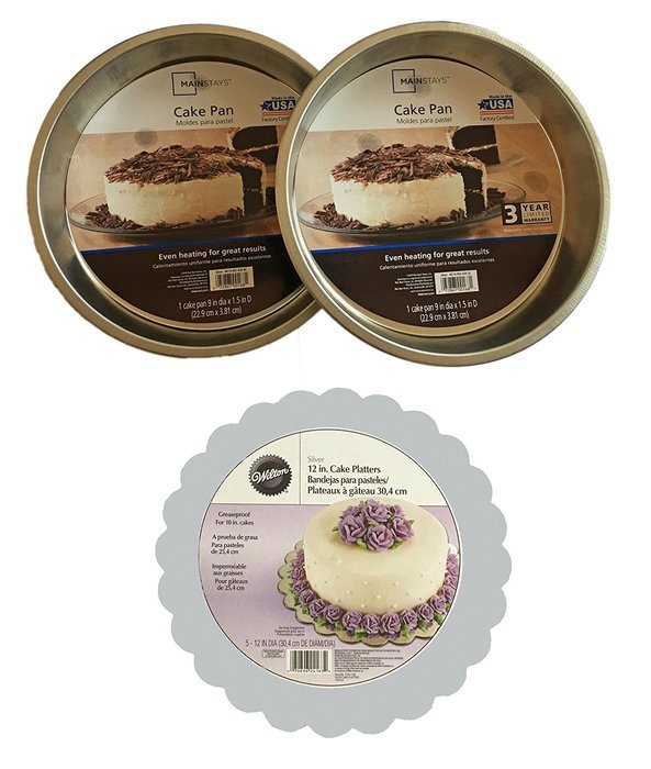 Round Baking Pan Set includes Two 9 inch Round Cake Pans and Scalloped Silver Cake Platters