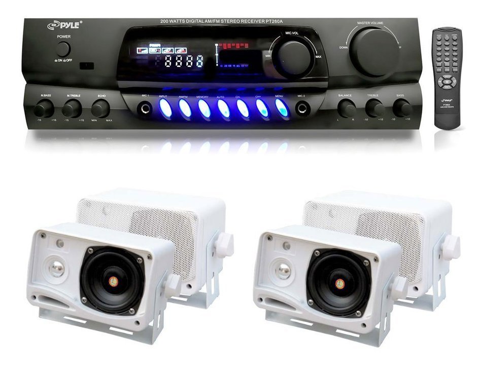 One Pyle PT260A 200 Watts Digital AM/FM Stereo Receiver and Four Pyle 3.5" 3 Way 200 Watt Waterproof Box Speakers