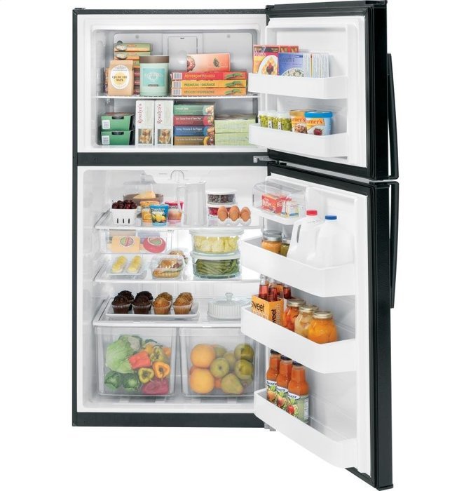 GE GTE21GTHBB 33" Top Freezer Refrigerator with 21.2 cu. ft. Capacity 2 Glass Shelves 2 Adjustable Humidity Crispers...