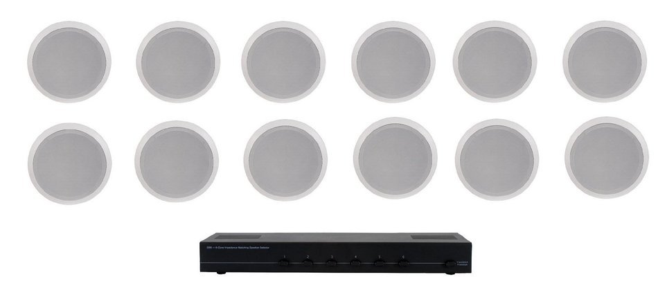 Home Audio Whole House Speaker System- 12 Ceiling Speakers 6PR- Flush 5.25" Round Speakers & Switcher N2