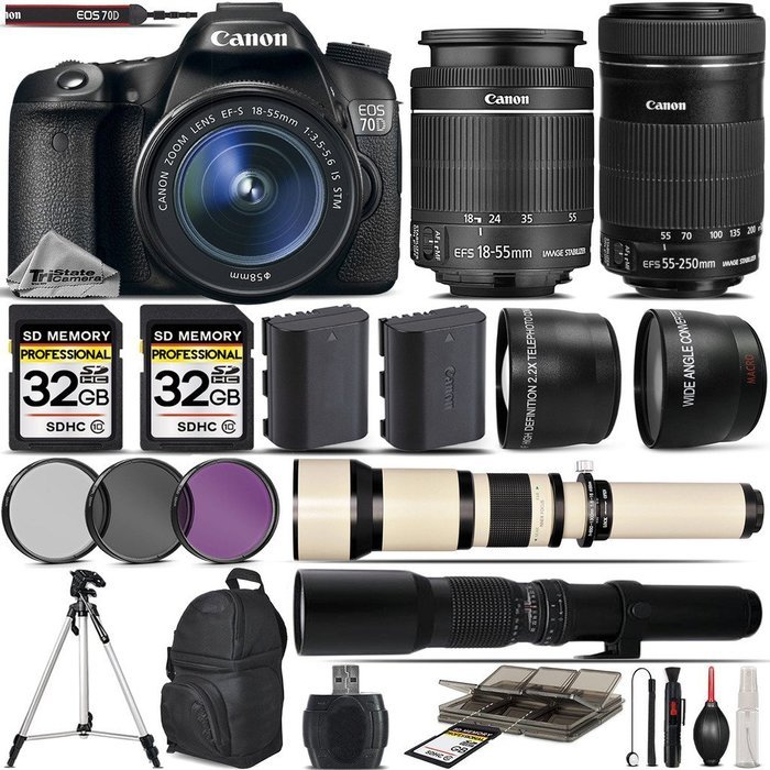 Canon EOS 70D SLR Wi-Fi Camera + Canon 18-55mm IS STM Lens + Canon 55-250mm STM Lens+ 0.43X Wide Angle Lens +...