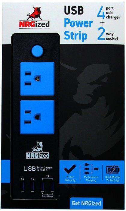 Power Strip NRGized C300 with 2-AC Outlets and 4 USB Charging Ports 5-Ft Cord (Black/Blue) N6