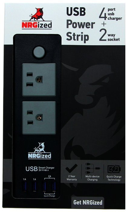 Power Strip NRGized C300 with 2-AC Outlets and 4 USB Charging Ports 5-Ft Cord (Black/Blue) N8