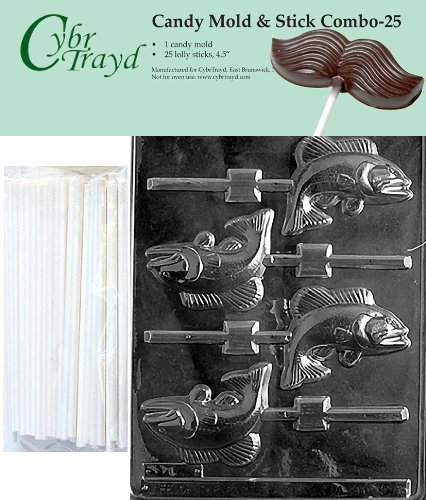 Cybrtrayd 45St25-N009 Fish Lolly Chocolate Candy Mold with 25 Cybrtrayd 4.5" Lollipop Sticks