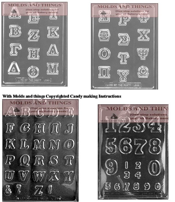 Greek Letters roman letter chocolate candy, and numbers and letters chocolate candy mold with © molding Instructions