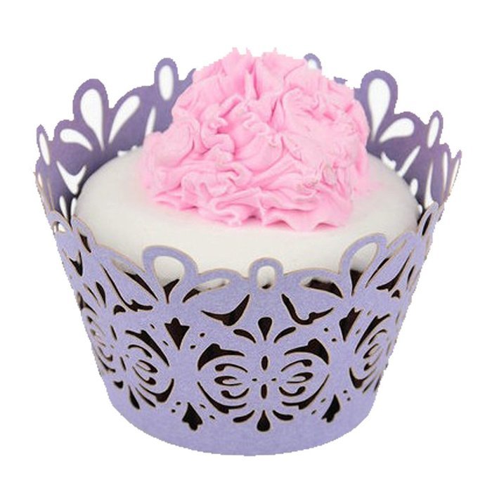 KKwell 50pcs Hollow Laser Beautiful Cake Baking Side Wedding Cake Cups (Light Purple)