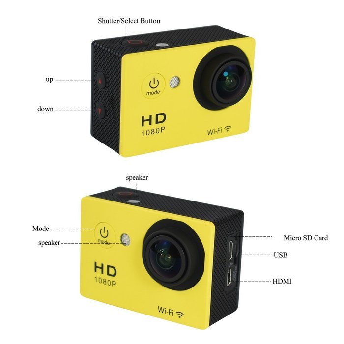 1080P WiFi Action Camera W9 140D Wide Angle 2" Sport Camera 30m Waterproof HD DV (Yellow) N6