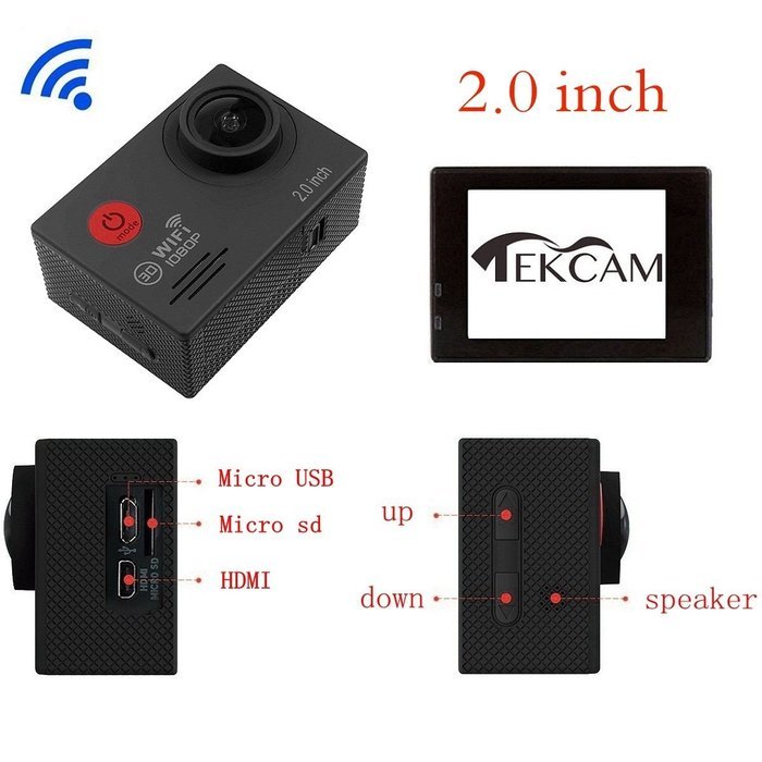 TEKCAM 1080P 14MP Full HD Waterproof WIFI Sports Action Camera with 2 PCS 1050mah batteries,Dual Charger and Free...