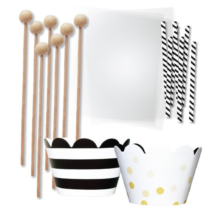 Cake Pop and Candy Packaging, Wooden Lollipop Sticks, Clear Bags, Gold and Black Wrappers, Twist Ties, 96 Pieces