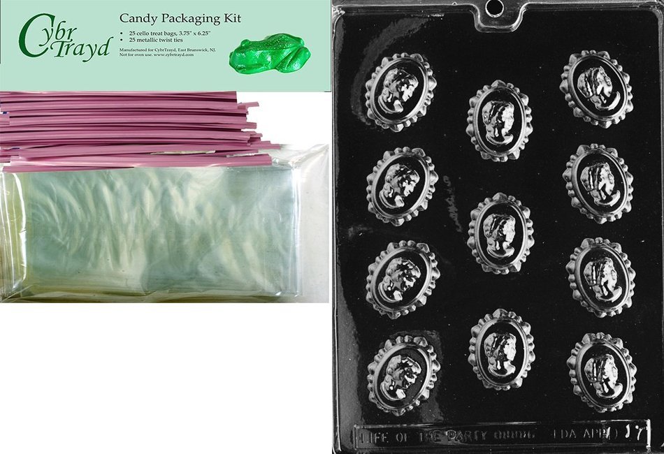 Cybrtrayd Mdk50PKBk-D017 "Cameo in Lace Moms" Chocolate Candy Mold with Bundle of 50 Cello Bags, 50 Pink Twist... N3