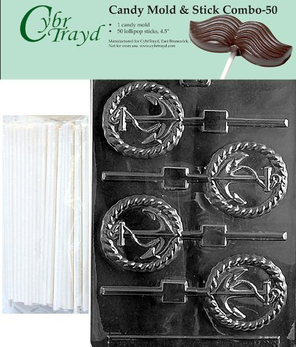 Cybrtrayd 45St50-N028 Anchor Lolly Nautical Chocolate Candy Mold with 50 Cybrtrayd 4.5" Lollipop Sticks