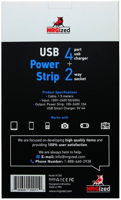 Power Strip NRGized C300 with 2-AC Outlets and 4 USB Charging Ports 5-Ft Cord (Black/Blue) N9
