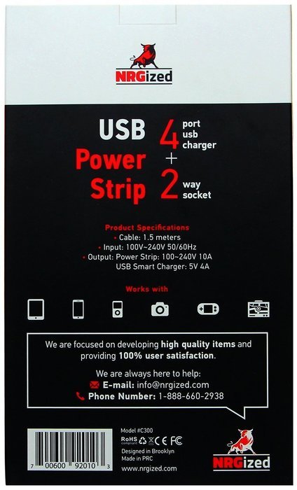 Power Strip NRGized C300 with 2-AC Outlets and 4 USB Charging Ports 5-Ft Cord (Black/Blue) N11