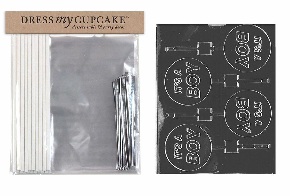 Dress My Cupcake DMCKITB023 Chocolate Candy Lollipop Packaging Kit with Mold, Baby Shower, It's a Boy Lollipop