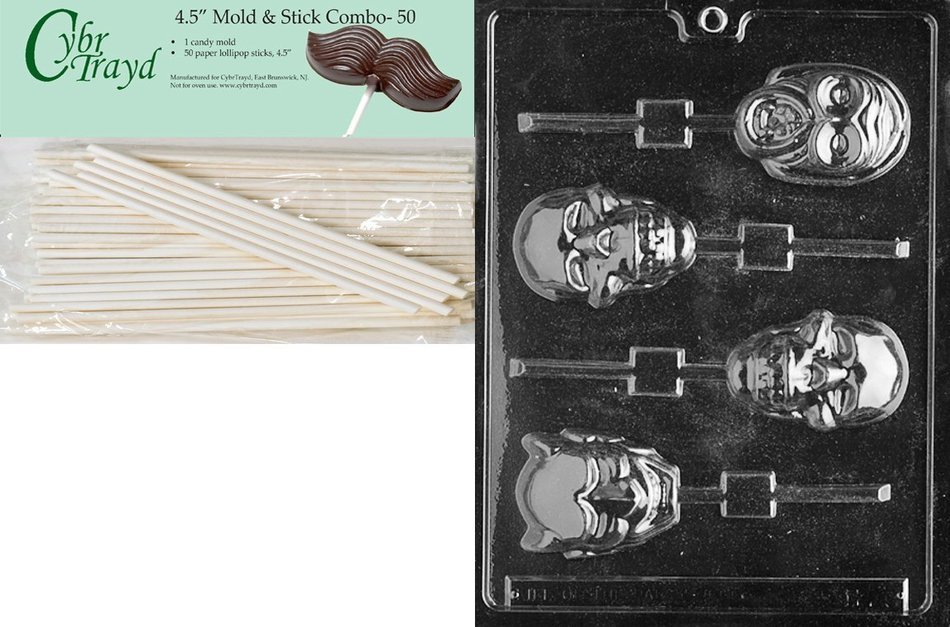 Cybrtrayd 45St50-H023 Scary Faces Lolly Halloween Chocolate Candy Mold with 50 4.5-Inch Lollipop Sticks