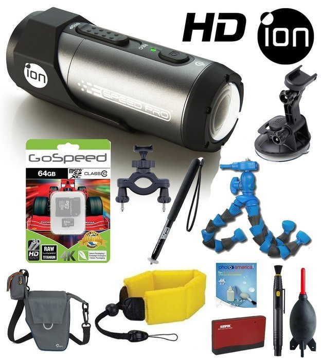 iON Speed Pro Action Camera w/ Automotive and Bike Mounts, 64GB Memory Card, Floating Strap, Monopod, Flexpod,...
