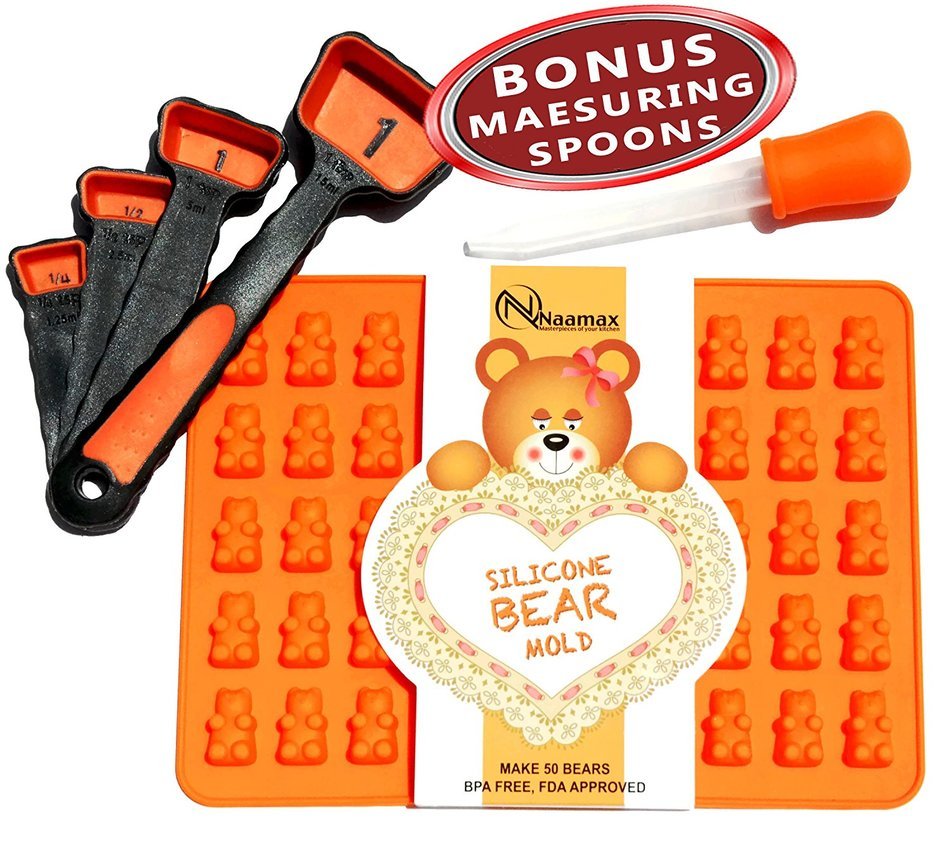 Charming Kit Gummy Bear Mold, Makes 50 Bears, Tough Silicone, Includes Dropper, 4 MEASURING SPOONS BONUS, Recipe... N12