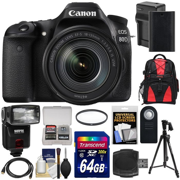 Canon EOS 80D Wi-Fi Digital SLR Camera & EF-S 18-135mm IS USM Lens with 64GB Card + Battery & Charger + Backpack...