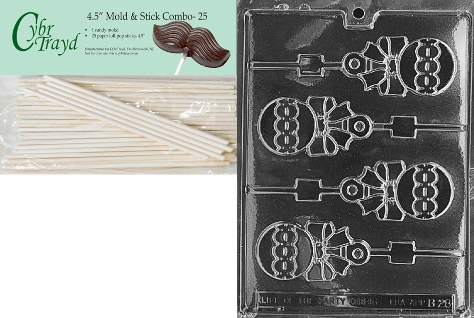 Cybrtrayd 45St25-B028 Rattle Lolly Baby Chocolate Candy Mold with 25-Pack 4.5-Inch Lollipop Sticks