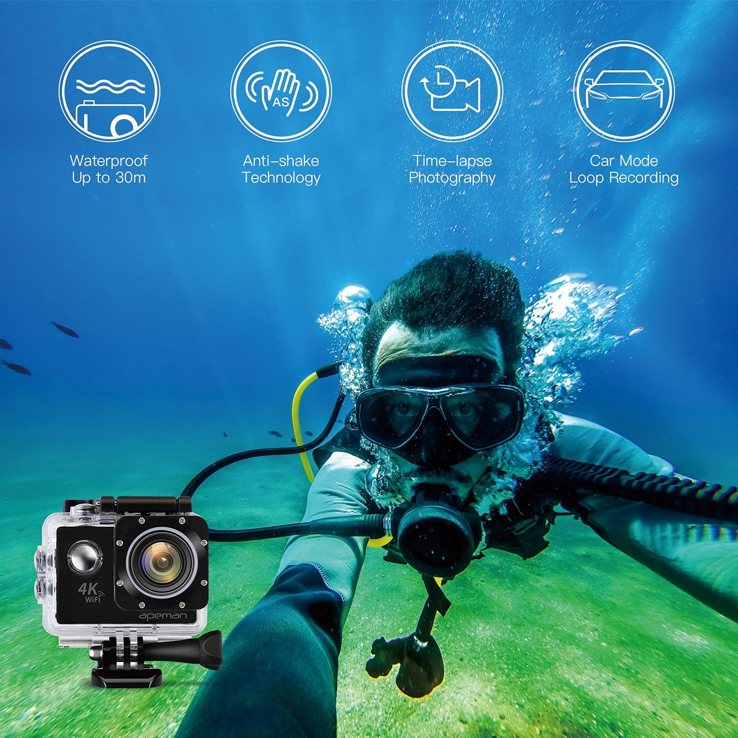 APEMAN A80 Action Sports 4K Camera Ultra WiFi HD skiing cam 170º Wide