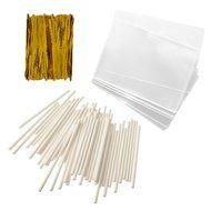 Baking Addict 100 Cake Pop Treat Bag Sets Metallic Twist Ties, Lollipop Sticks, Clear Cello Favor Bags, 4&quot; W,... N2