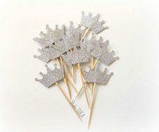 DOOXOO crown cupcake toppers, Silver glitter crowns, princess party decorations, prince birthday baby shower N3