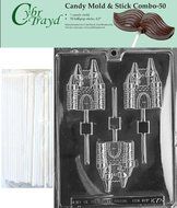 Cybrtrayd 45St50-K072 Castle Lolly Chocolate Candy Mold with 50 Cybrtrayd 4.5&quot; Lollipop Sticks