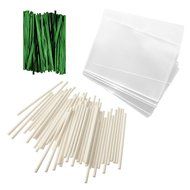 Baking Addict 100 Cake Pop Treat Bag Sets Metallic Twist Ties, Lollipop Sticks, Clear Cello Favor Bags, 4&quot; W,... N4