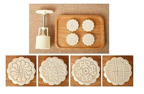 Astra shop Moon Cake Mooncake Decoration Mold 4pcs Flower Plant Stamps Cookie Cutter Mold Hand Pressure 50g, Round N7