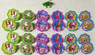 24 SHOPKINS Popcorn Apple Cupcake Lipstick Donut Cookie Party Cupcake Favor Topper Ring NEW!