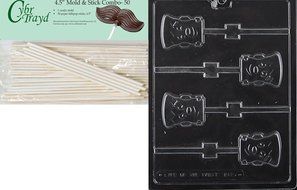Cybrtrayd 45St50-H170 Cute Frankenstein Lolly Halloween Chocolate Candy Mold with 50 4.5-Inch Lollipop Sticks