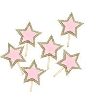 12 Pieces Fantastic Pink Golden Glitter Stars Cupcake Cake Toppers With Sticks Birthday Baby Shower Wedding Party...