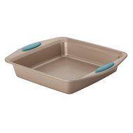 Rachael Ray Cucina Bakeware 9-Inch Square Cake Pan, Latte Brown with Agave Blue Handles N2