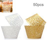 Bonayuanda Pack of 50 Filigree Vine Cupcake Wrappers Wraps Liner Wedding Party Cake Decoartion Gold+White N2