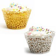 Bonayuanda Pack of 50 Filigree Vine Cupcake Wrappers Wraps Liner Wedding Party Cake Decoartion Gold+White N3