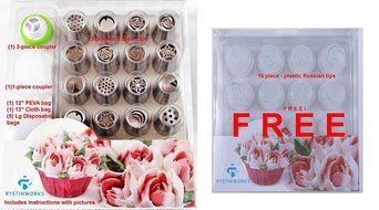 Rystinworks Russian Piping Pastry Tips - 23 Piece Set - Stainless Steel - With Instructions - Five bags Included... N5