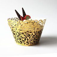 Bonayuanda Pack of 50 Filigree Vine Cupcake Wrappers Wraps Liner Wedding Party Cake Decoartion Gold+White N5