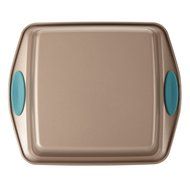 Rachael Ray Cucina Bakeware 9-Inch Square Cake Pan, Latte Brown with Agave Blue Handles N4