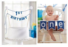 Mud Pie Boys First Birthday Cake Topper &amp; Blue "One" High Chair Banner